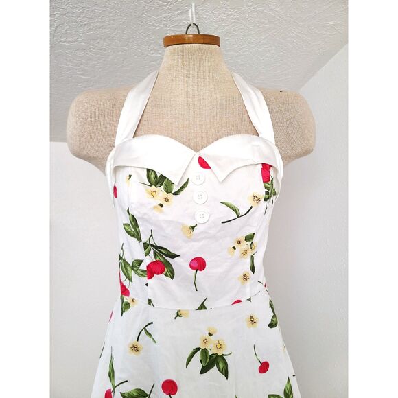 Chic Floral Halter Mini Dress - White with Red and Green - Picture 1 of 5